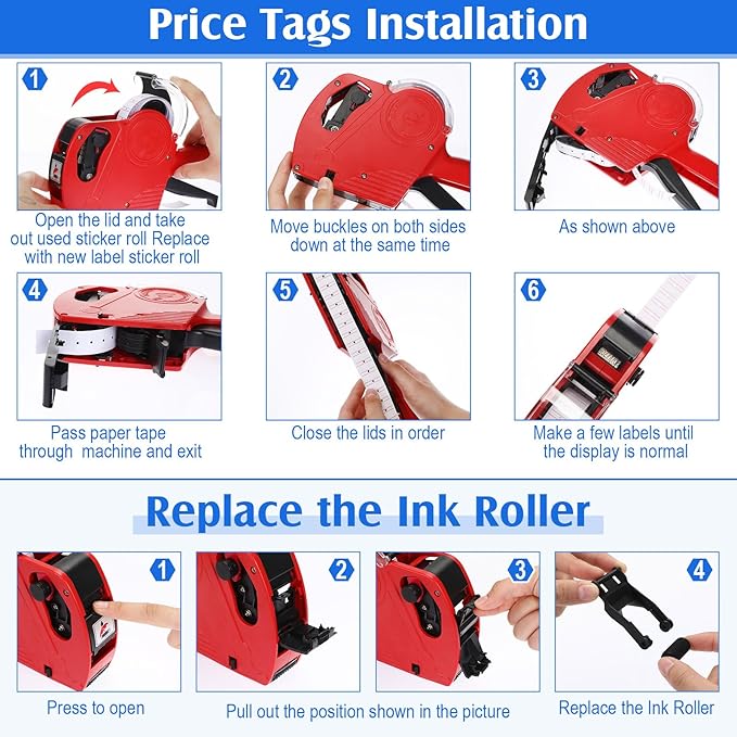 3 Pack 8 Digits Price Tag Gun Label Pricing Gun Kit with 12000 Labels & 9 Ink Rollers for Retailer Supermarket Grocery Store Food(Red, Blue, Yellow)