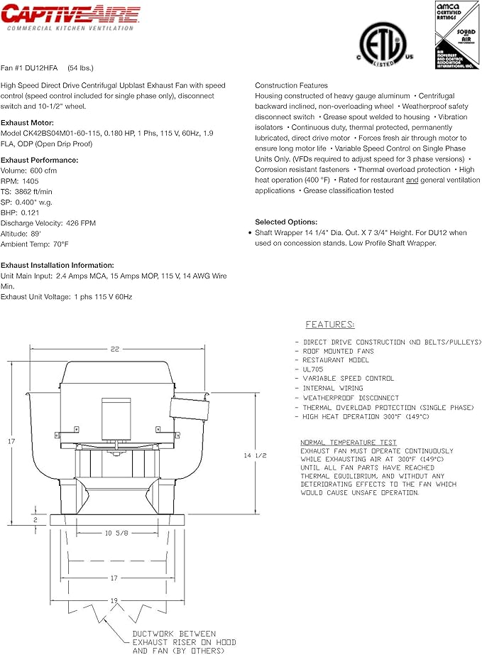 Food Truck Low Profile Exhaust Hood System Includes a stainless steel exhaust hood, an exhaust fan, an adjustable duct section, and installation hardware (4' Long Hood & Fan)