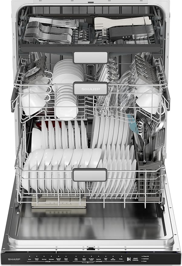SHARP SDW6757ES Slide-In Dishwasher, Stainless Steel Finish, 24" Wide, Soil Sensors, Premium White LED Interior Lighting, Smooth Glide Rails, Heated Dry Option, Responsive Wash Cycles, Power Wash Zone