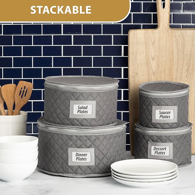 China Storage Case - Saucer or Small Plate Quilted Case - 7" diameter x 6" height - Gray - Includes 12 Felt Separators -Stackable With Padded Interior - Great for Appetizer Plates