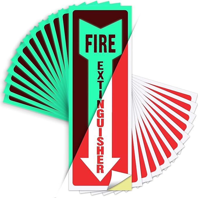 Fire Extinguisher Sign Sticker - 12 Pack - 4" X 12" - 5 Mil Vinyl - Bright Red White Colors - Durable Self Adhesive, Weatherproof, Photoluminescent and UV Protected - Ideal for Inside Office or Boat