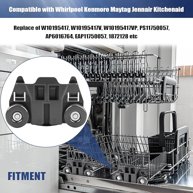 Dishwasher Wheels Lower Rack with Steel Screws Compatible for Whirlpool/Kenmore/Maytag/Kitchenaid/JennAir Replace W10195417,W10195417V,W10195417VP,PS11750057,AP6016764,EAP11750057,1872128(4PCS)