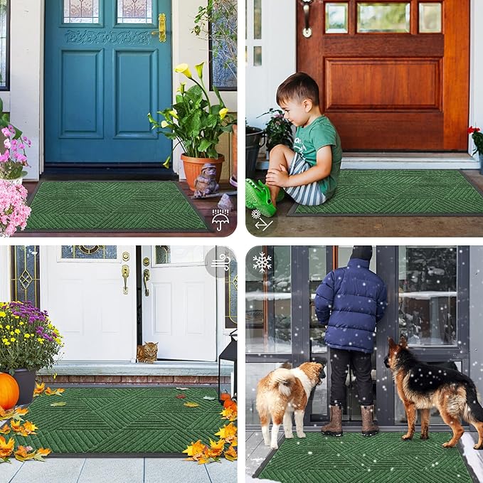 Smiry Front Door Mat Outside Entrance, Heavy Duty Sturdy Natural Rubber Doormat, Trap Dirt and Moisture, Easy Clean Low Profile Mats for Indoor Outdoor Entry, Irregular Triangle (47x32, Green)