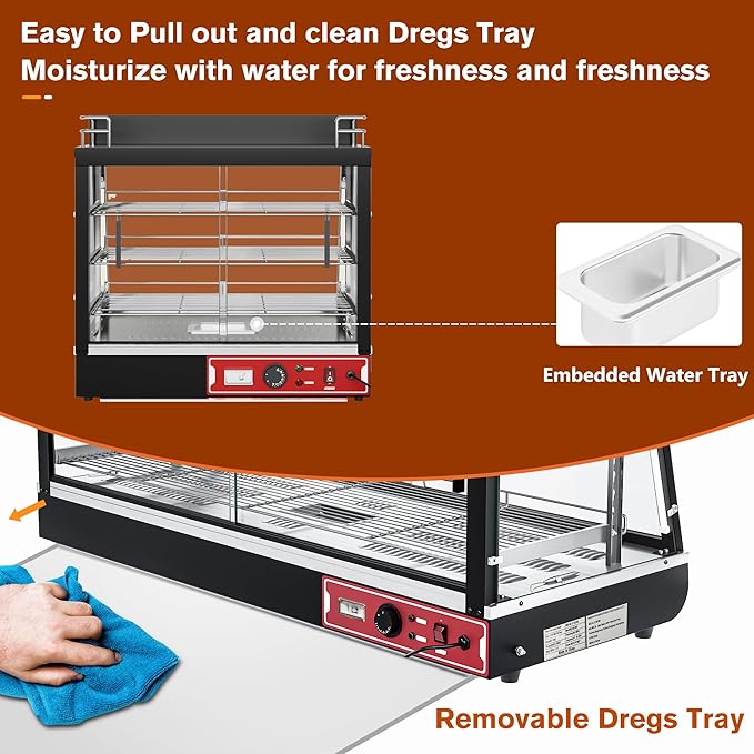 27 inch Commercial Food Warming Cabinet, 3 Tier Countertop Heated with Top Rack for Pizza/Pretzel, Three Color, Temper Glass, w/Thermometer Adjustable Thermostat for Cafe Kitchen Restaurant