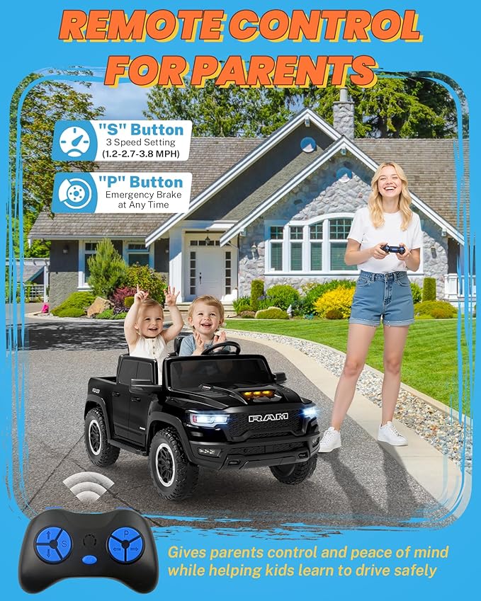 ENYOPRO 24V Ride on Toys for Big Kids, Licensed RAM 1500 RHO 2 Seater Toddlers Ride on Car w/Remote Control, Kids Electric Car w/Truck Bed Storage, Real Tailgate, Music, LED Lights (Black - High Door)