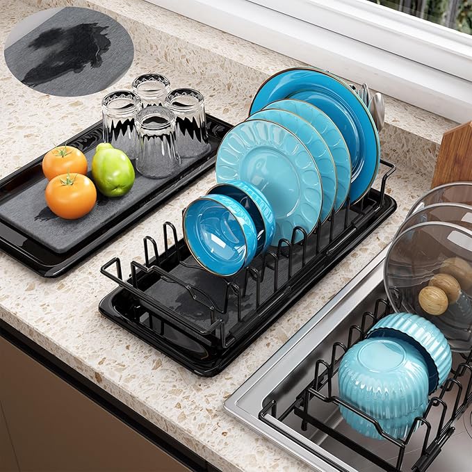 Sink Dish Drying Rack - Expandable Over Sink (15"-20" Fit), Diatomaceous Earth Tray for No-Drain Drying! Compact Dish Drainer for Small Kitchens, Apartments & RVs(Black)
