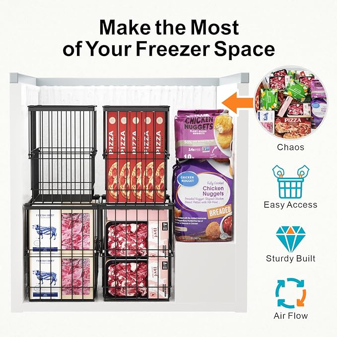 iSPECLE Freezer Organizer Bins - 2 Pack Large Adjustable Deep Freezer Organizer Bins for 5 to 7 Cu.Ft Chest Freezer, Stackable No Wasted Space, Easily Access Pizza (≤12“) without Digging, Black
