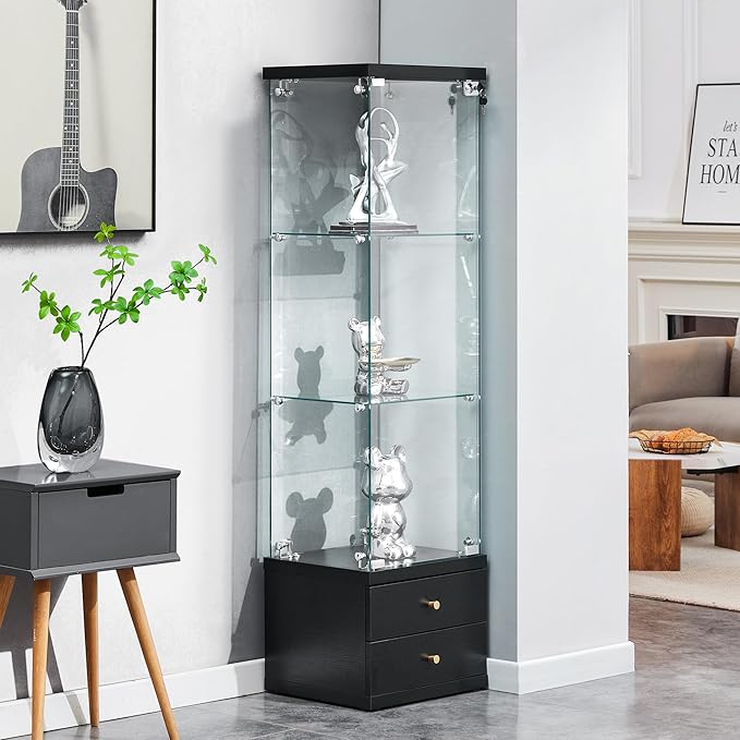 Yoluckea 3 Shelves Glass Display Cabinet with 2 Soft-Close Storage Drawers, Curio Collection Glass Display Case with Door & Lock, Floor Standing Bookshelf Corner Cabinet for Book Toys Glory (Black)