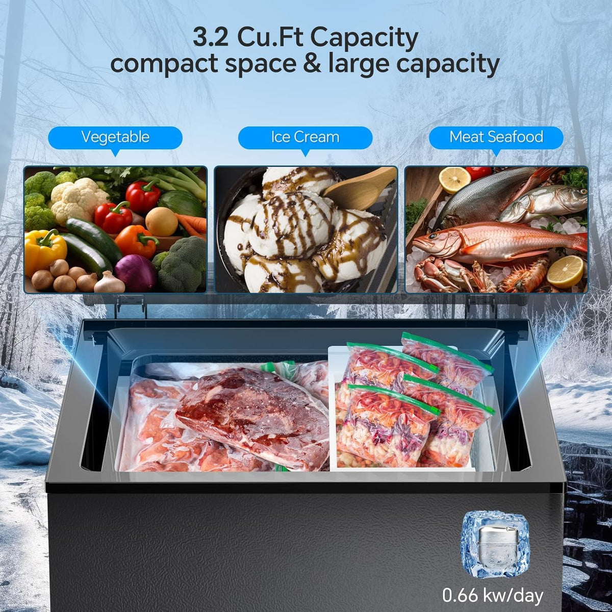 Kismile 3.2 Cubic Feet Chest Freezer, Small Deep Freezer for Home, Black