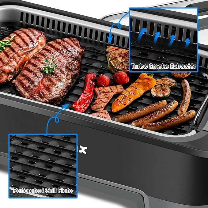 CUSIMAX Electric Indoor Grill, 1500W Smokeless Korean BBQ Grill with Smart LED Display & Tempered Glass Lid, Removable Non-stick Plate, Turbo Smoke Extractor, Black
