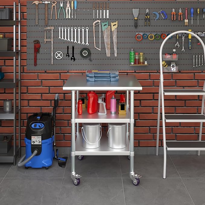 AmGood Stainless Steel Work Table with 2 Shelves and Casters | Metal Utility Table On Wheels (Stainless Steel Work Table with 2 Shelves + Casters, 30" Long x 30" Deep)