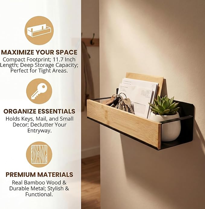 Bathroom Shelves,Wall Mounted Floating Shelf,Over Toilet Storage Shelf,Metal Bamboo Wall Shelves,Home Storage Organizer Essentials for Bathroom/Living Room/Kitchen/Bedroom(Black)