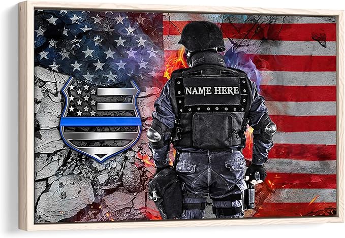 Personalized Police Poster & Framed Canvas, Thin Blue Line American Flag Patriotic Home Office Decor, Custom Name Bedroom Living Room Aesthetic Wall Art Gift For Policeman, Law Enforcement
