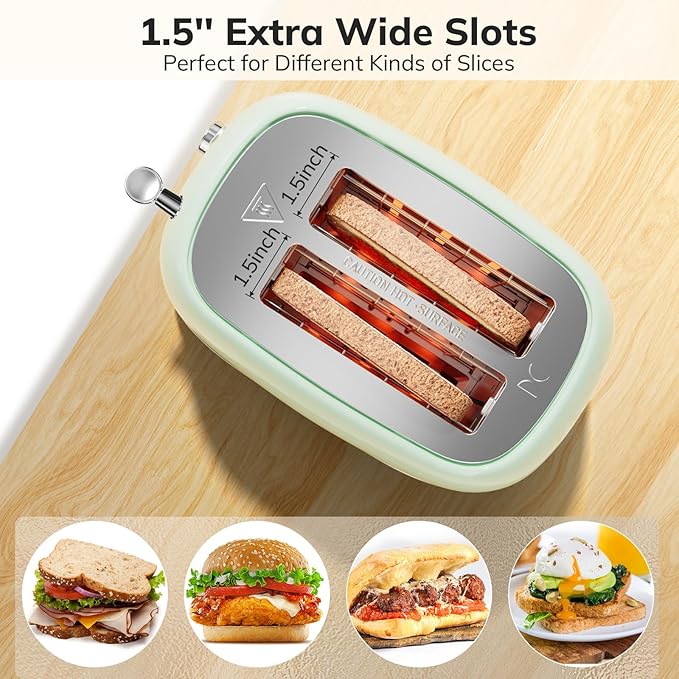 2 Slice Stainless Steel Toaster Retro with 6 Bread Shade Settings, Bagel, Cancel, Defrost Function, Extra Wide Slot, Removable Crumb Tray Green