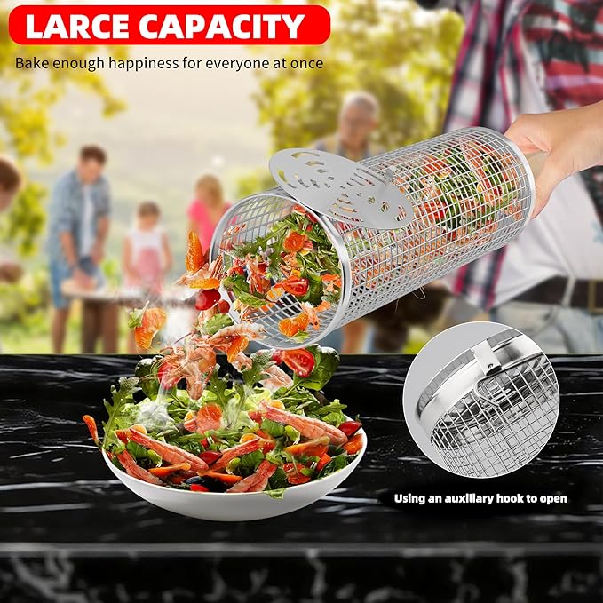 Rolling Grill Basket Grilling Gifts for Men, Nesting Grilling Baskets for Vegetable Small Meat, Removable Handle, 304 Stainless Steel, Outdoor Grill Accessory BBQ Gift for Birthday & Christmas