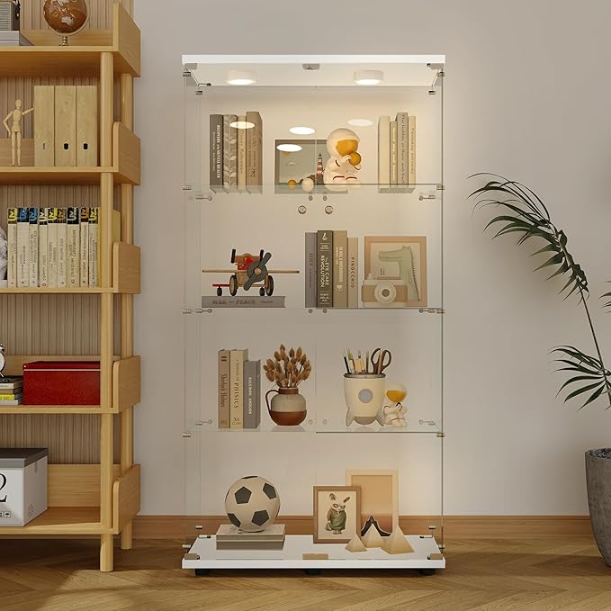 64.5" H 4-Shelf LED Lights Glass Display Cabinet with Double Door,Modern Curio Cabinet Collection Display Case,Floor Standing Bookshelf Glass Case with Lock for Living Room,Home Office (White)