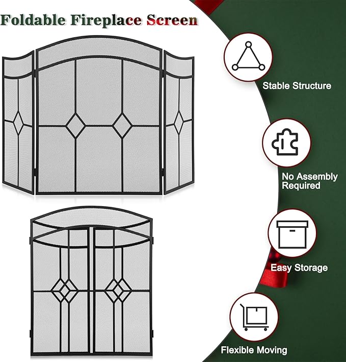 FEED GARDEN 3 Panel Fireplace Screen Wrought Iron 48" W x 30" H Foldable Heavy Duty Fire Spark Guard Cover with Metal Decorative Mesh for Living Room, Home Decor Indoor, Black