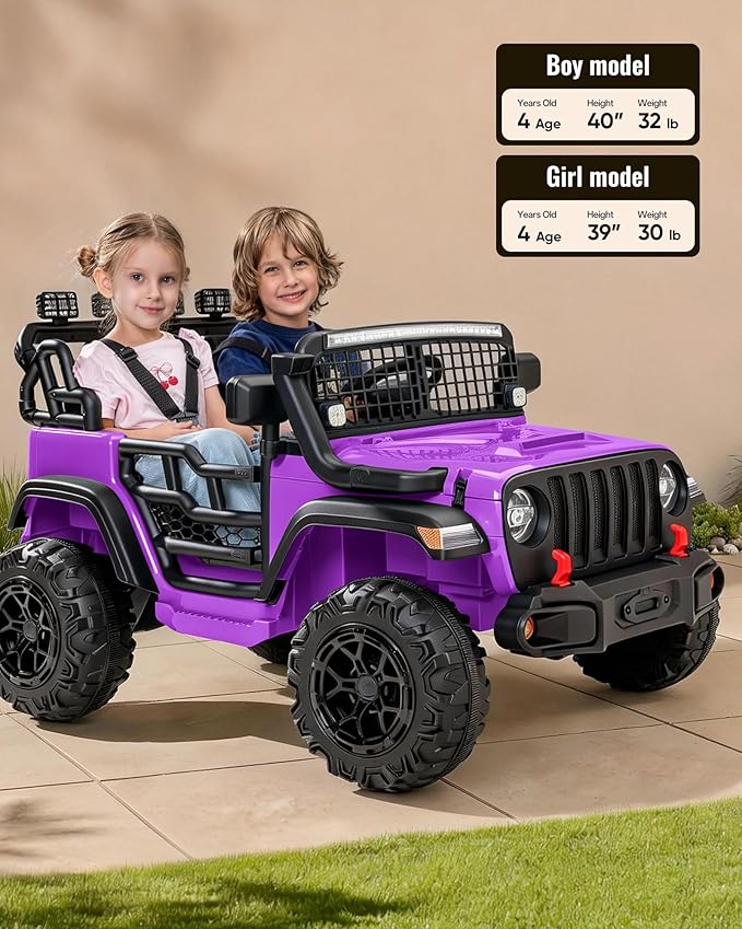 2 Seater Ride on Car Toy, 24V 4WD Electric Car for Kids 4-8 with Remote Control, 4x200W Motors, Capacity 110 lb - Purple