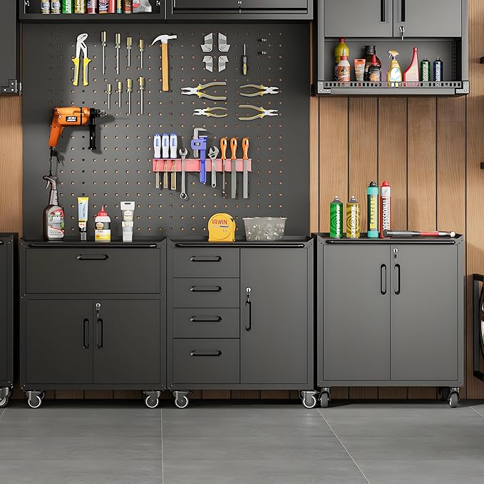Metal Tool Cabinet,Garage Storage Cabinet System,Wall Cabinet & Locking Rolling Tool Cabinet with Doors and Adjustable Shelves,Steel Tool Cabinets for Home (2 Pcs-StyleB, Black)