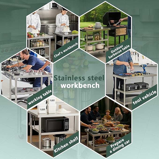 Stainless Steel Table with Wheels for Food Preparation and Work, Multi-Size Optional, Three-Layer Variable Two-Layer Metal Commercial Workbench Outdoor, Restaurant, Kitchen (51" Lx32 Wx34 H)