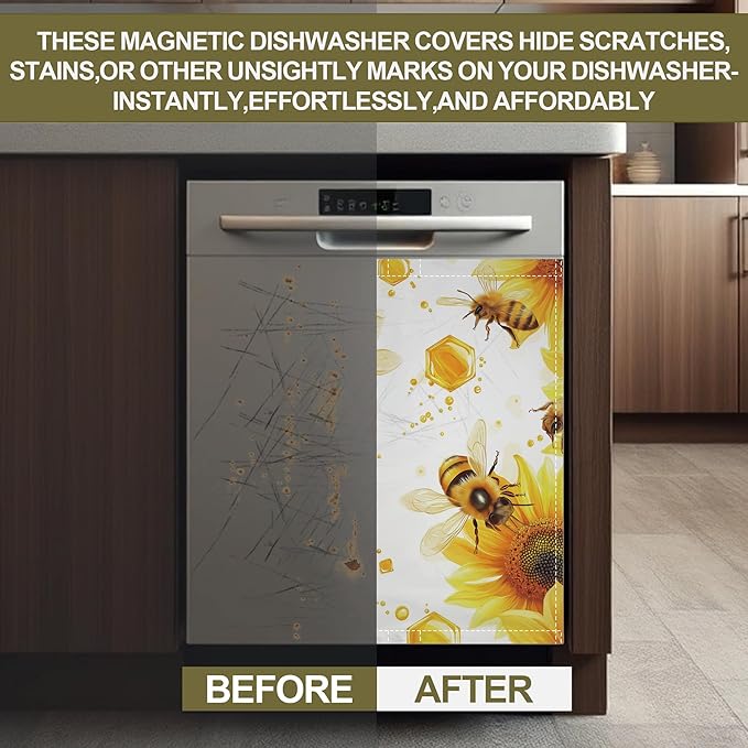 Bees Flying Dishwasher Magnets Decorative Cover,Sunflowers Magnet Fridge Panel Decal for Home Kitchen Decor,23x26 in