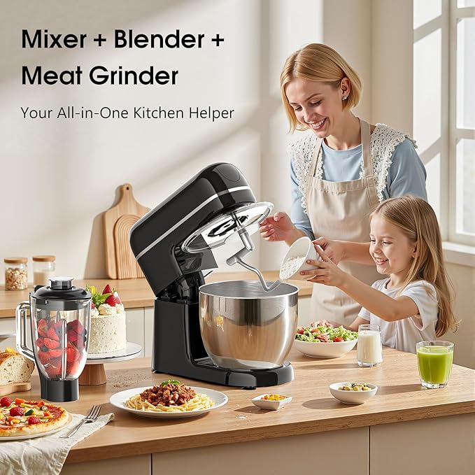 Stand Mixer, 7-IN-1 6.5QT 660W Multifunctional Electric Kitchen Mixers with Blender, Meat Grinder, Dough Hook, Whisk and Beater, 8-Speed Food Mixer for Baking, Cooking, Food Processing, Black