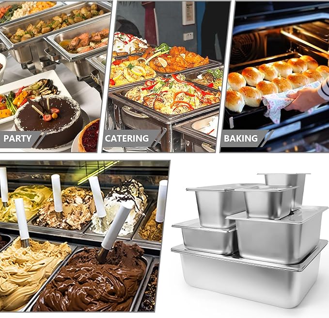 6 Set Stainless Steel Hotel Pans 1/2 Size 4 Inch Deep With Lids, Anti-Jam Chafing Steam Table Pans, Catering Food Storage Metal Pan