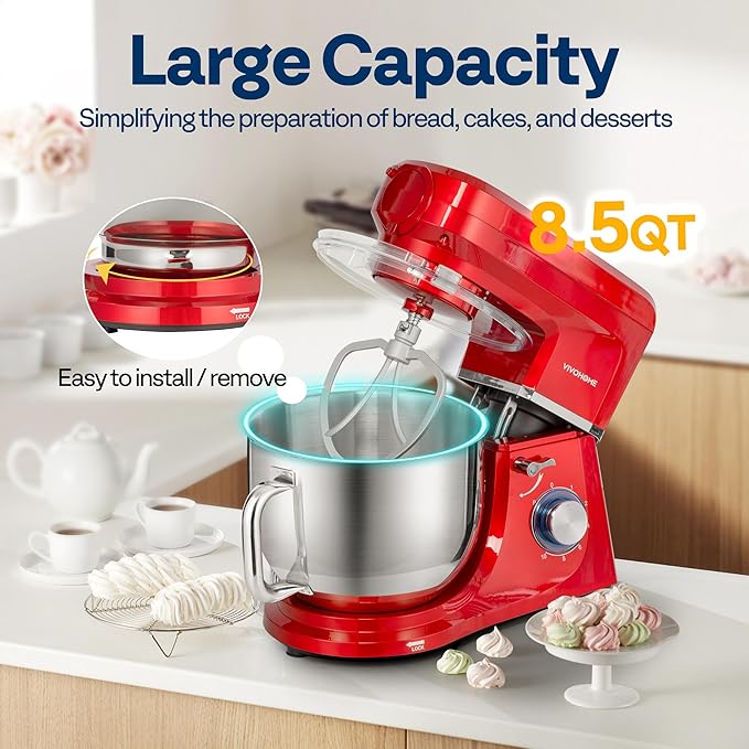 VIVOHOME 6-in-1 Stand Mixer, 8.5 Quart Electric Tilt-Head Kitchen Mixer with Bowl, Multifunctional Food Mixer for Cake, Bread, and Dough, with Meat Grinder, Blender, Pasta Maker Attachments, Red