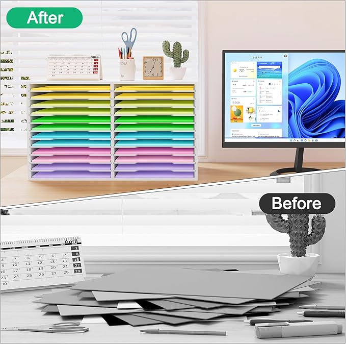 EasyPAG Scrapbook Paper Storage Organizer for Craft Room, 12x12 Paper Storage Desk Shelf, 24 Slot Adjustable File Sorter for Office School Classroom, White