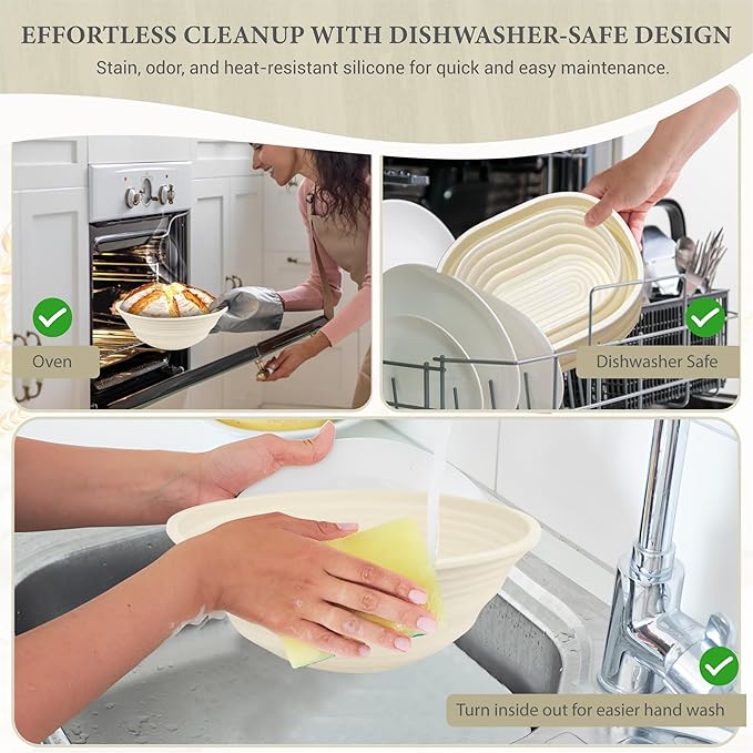 Premium Foldable Silicone Sourdough Banneton Bread Proofing Basket - Includes Oval & Round proofing Bowls (9.5 Inch) - Oven & Dishwasher Safe, Gifts for Artisan Bakers - Beige