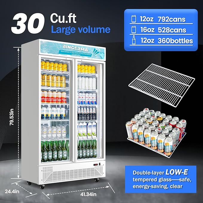 Commercial Merchandiser Display Refrigerator with 2 Glass Doors 30 Cu.ft Beverage Back Bar Cooler Black Drink Fridge for Convenience Stores, Supermarkets,Bars,Offices White
