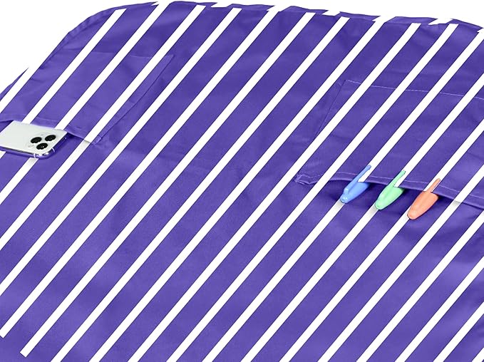 DALIX Apron Commercial Restaurant Home Bib Spun Poly Cotton Kitchen Aprons (2 Pockets) (12, Pinstripe Purple/White)