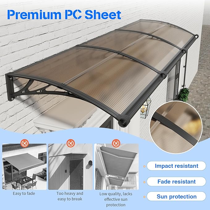 Awning for Door Entrance with Drainage Sink,32x40 Inch Awnings for Doors,Window Canopy Exterior with Plastic Steel Bracket,Polycarbonate Cover,UV,Rain,Snow Protection for House,Porch,Patio,Deck