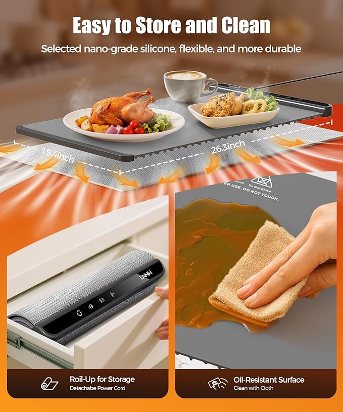 Food Warming Mat with Heat-Resistant Pad, 26X15 Inch, 6 Temperature & 6 Timer Settings, Child Lock Safety,Food Warmer Chafing Dishes for Buffet,Gatherings,Parties,Everyday Use