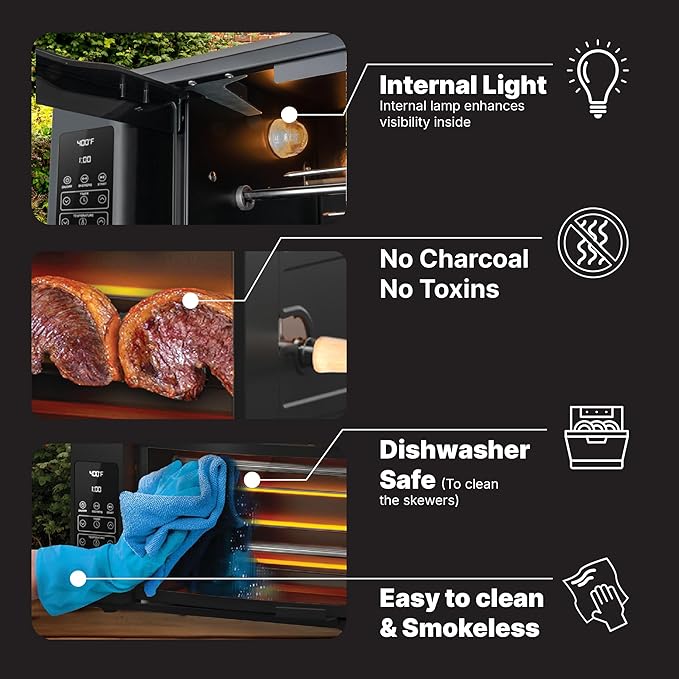 Electric Rotisserie Oven Brazilian Flame VOLTA | Vertical Countertop Grill with Auto-Rotating Skewers Shawarma Grill Machine Meat Kebab | Indoor Adjustable Temperature | 8lb Capacity | World Cup Grill