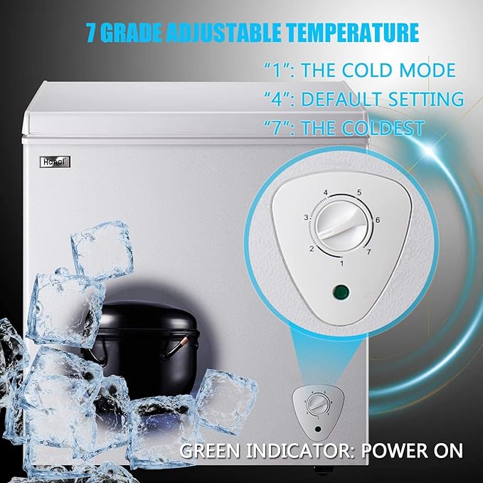 Chest Freezer 5.0 Cu.Ft Small Deep Freezer White Top Door Mini Freezer with Removable Basket, Low Noise, 7 Adjustable Temperature and Energy Saving Perfect for Home Garage Basement Dorm or Apartment