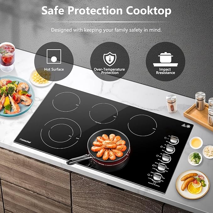 AMZCHEF 8900W Electric Cooktop 36 Inch, Built-in Electric Cooktop 5 Burner Stove Top, 36" Radiant Stovetop with Knob Control, 220-240V for Hard Wire