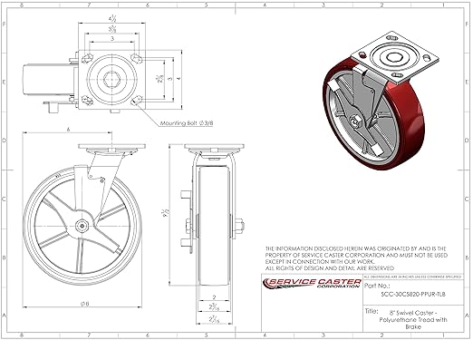 Service Caster Brand Replacement Caster for Uline Caster H-4943SWB - Swivel Top Plate Caster with 8 Inch Polyurethane Wheel and Top Lock Brake - Fits Platform, U-Boat and Panel Trucks H-4148