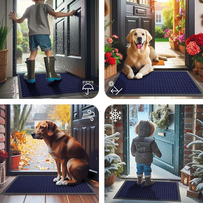 Smiry Front Door Mat Outside Entrance, Heavy Duty Natural Rubber Doormat, Non Slip, Trap Dirt and Moisture, Easy Clean, Low Profile Welcome Floor Mats for Indoor Outdoor Entry, 59x34 Inch, Navy Blue
