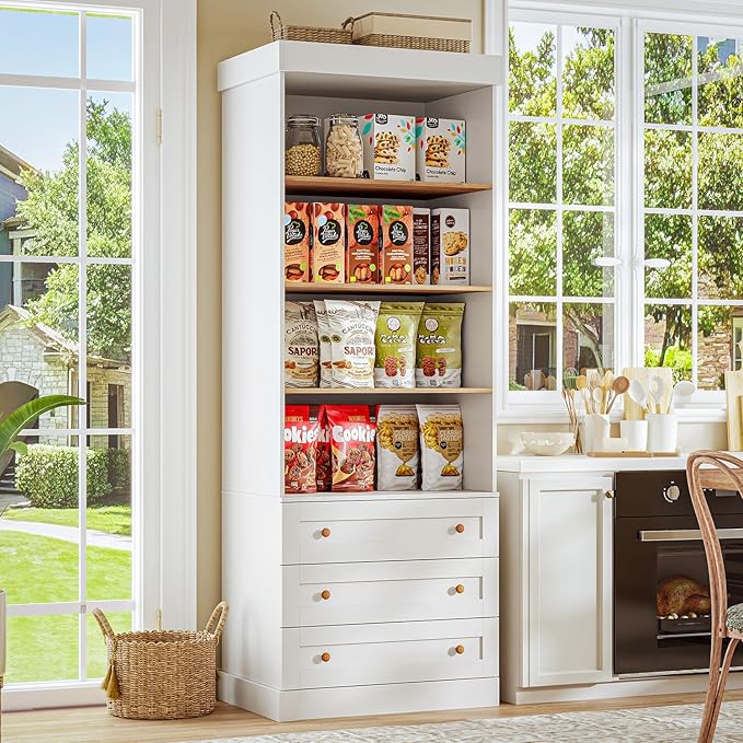 Vyre 71" Tall Farmhouse Kitchen Pantry, Set of 2 Large Storage Cabinets with 3 Drawers, Adjustable Shelves, Wood Versatile Hutch Cabinet for Living Room, Dining Room