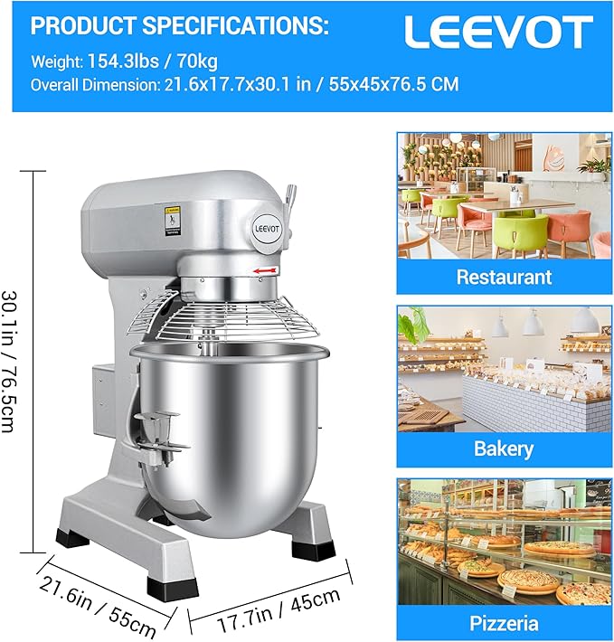 30Qt 1250W Commercial Food Mixer, Commercial mixer 3-Speed Adjustable Heavy Duty Stand Mixer with Stainless Steel Bowl for Bakery Pizzeria.