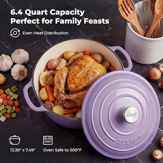 Zulay Kitchen 6 Quart Enameled Cast Iron Dutch Oven Pot with Lid – Premium Durability & Oven Safe up to 500°F – Heavy Duty Cookware Perfect for Bread Baking, Stews, Braising & Roasting – Lavender Jade