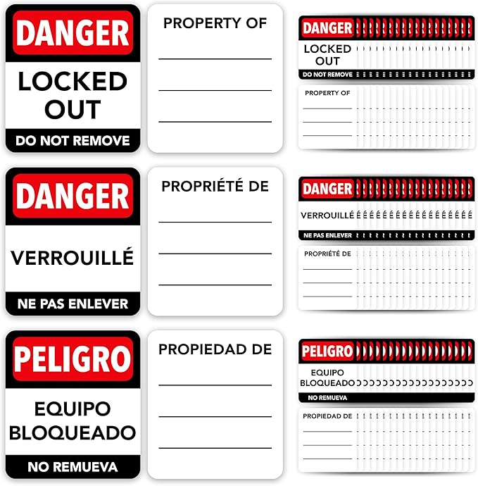 TRADESAFE Lockout Tagout Locks Label, Lock Out Tag Out Padlock Labels in English, Spanish, French, Danger Locked Out, Do Not Remove Loto Locks Stickers