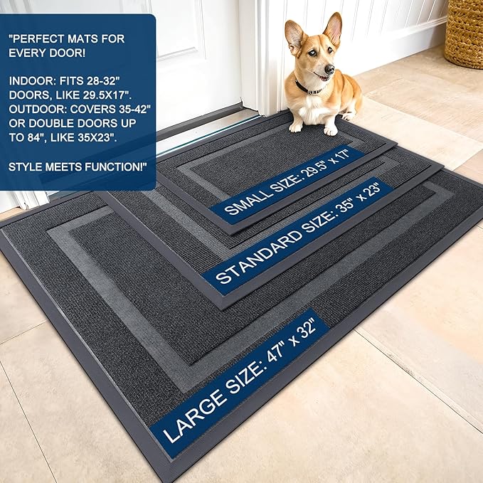 OLANLY Front Door Mat Indoor Outdoor Entrance, Waterproof All-Season, All-Weather Doormat, Sturdy Natural Rubber, Fade Resistant, Low Profile, Easy Clean Patio Porch Entryway Mat, 59x40, Grey