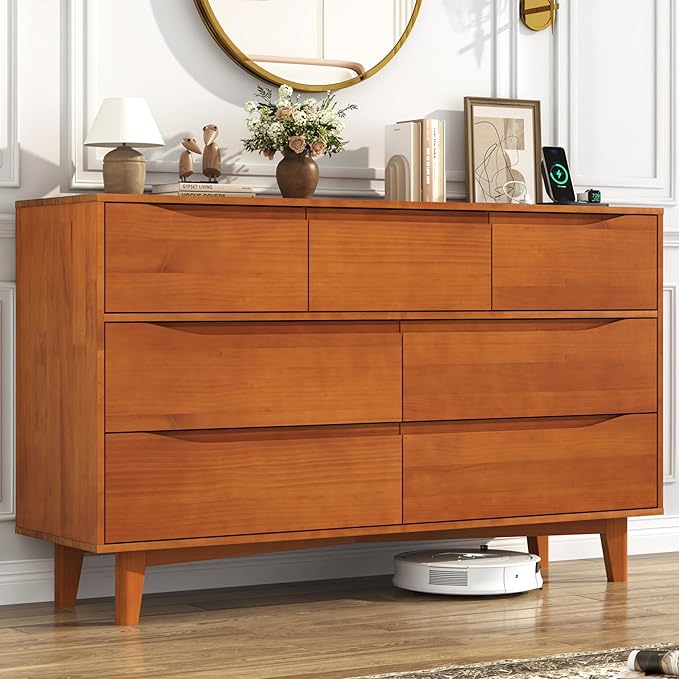 55”Solid Wood Drawers Dresser with Power Outlets, 7 Drawer Dresser for Bedroom, Mid Century Modern Vintage Large Chest of Dresser for Hallway, Entryway,Cutout Handle, Storage Essentials, Caramel
