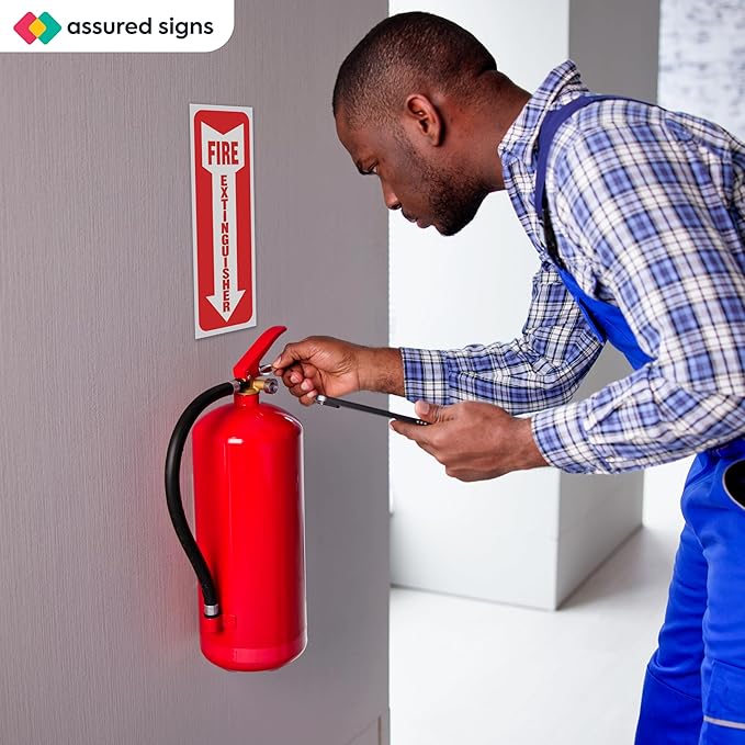 ASSURED SIGNS Fire Extinguisher Signs - 12 Pack - 4" X 12" - 5 Mil Vinyl Weatherproof Fire Extinguisher Stickers with Downward Arrow - Self Adhesives for Business or Office