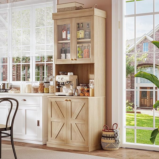 Vyre 71" Farmhouse Kitchen Pantry Cabinet, Freestanding Coffee Bar Hutch with Glass Doors, Drawers & Adjustable Shelves, Microwave Stand Storage Organizer for Living Room & Kitchen, Set of 4, Brown