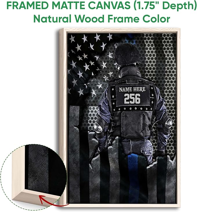 Personalized Police Poster & Framed Canvas, Policeman Thin Blue Line Us Flag Home Office Decor, Custom Name Number Bedroom Living Room Aesthetic Wall Art Gift For Husband, Dad, Men