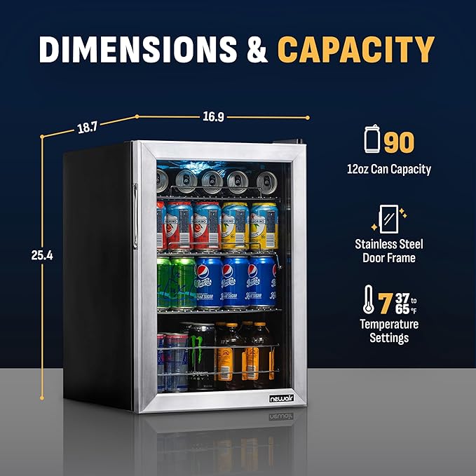 NewAir 90 Can Beverage Refrigerator | 17” Freestanding Small Mini Fridge for Bedroom, Home Bar or Office | Quiet Compressor Cooling & Adjustable Shelves | Stainless Steel