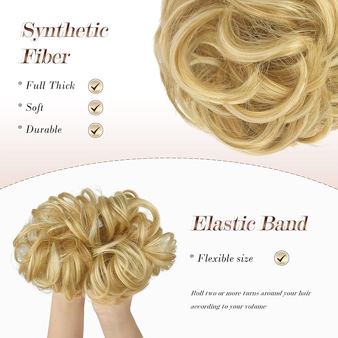 FESHFEN Messy Bun Hair Pieces - Large Wavy Curly Elastic Hair Bun Scrunchies Ponytail Extensions Synthetic Chignon Hairpieces for Women, Strawberry Blonde & Bleach Blonde 1.94oz